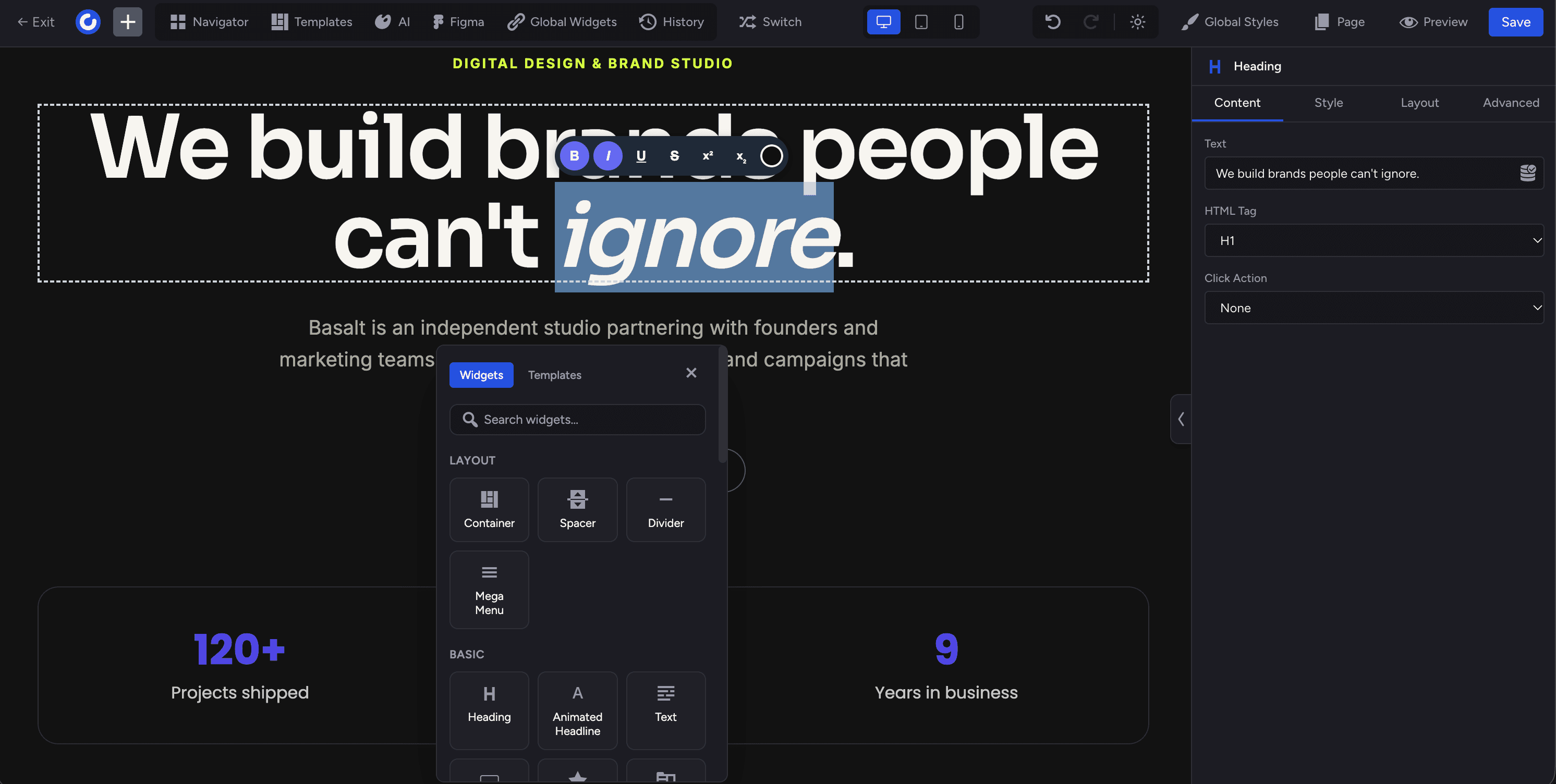 The Craftor editor: a heading being edited inline on the live page, with the widget picker open and the Content, Style, Layout and Advanced panel on the right