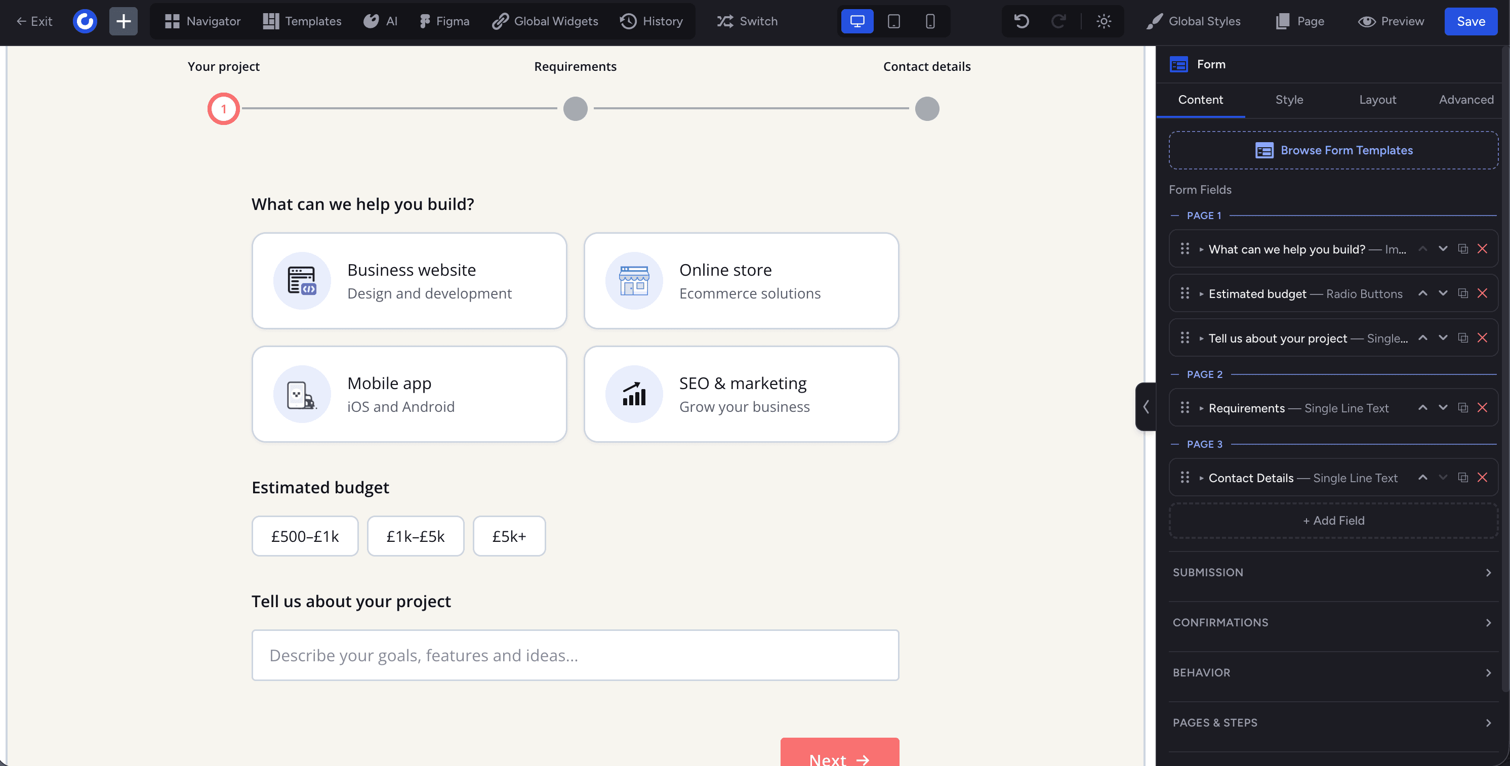 The Craftor form builder: a form on the canvas with its field settings open in the side panel