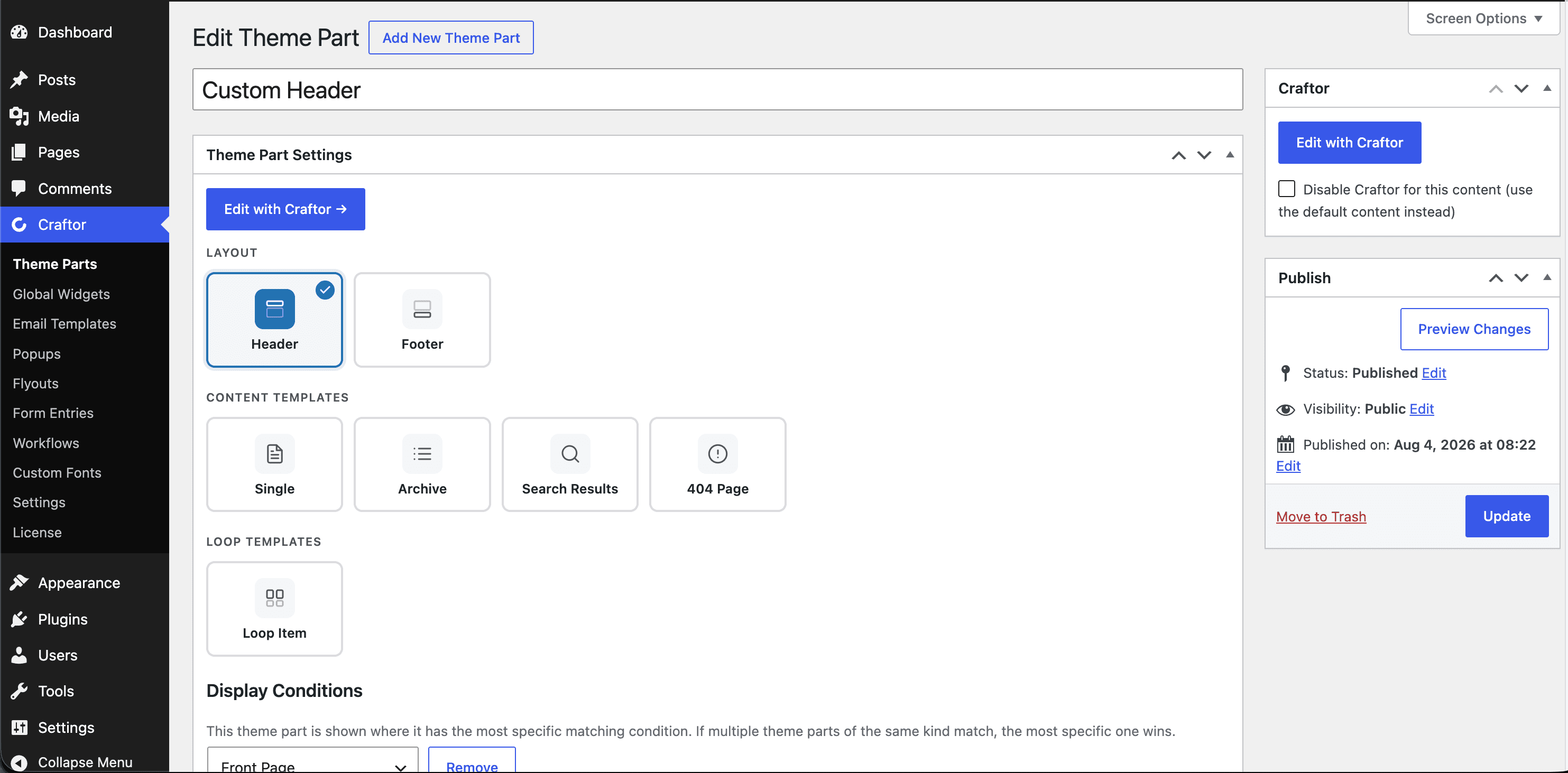 The Craftor theme builder: a header template being edited with its display conditions