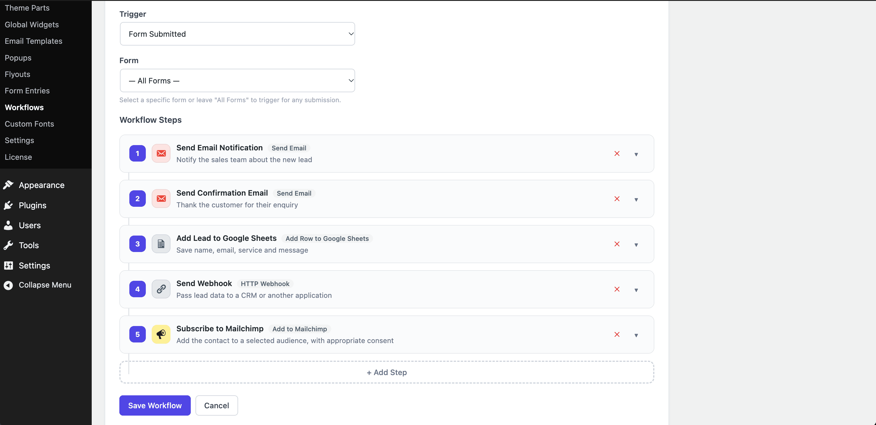 The Craftor workflow builder: a trigger followed by a chain of conditional action steps